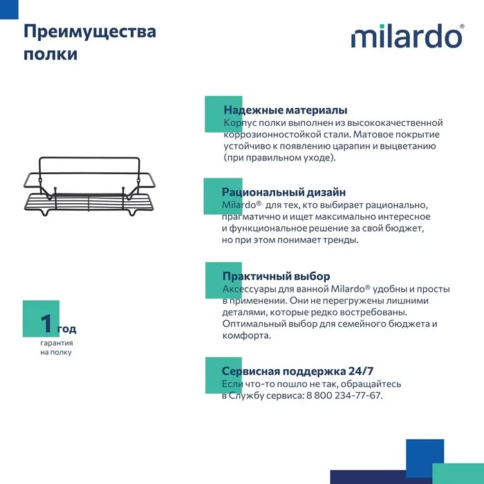 Полка одноярусная прямая Milardo Grid проволока стальная, чёрный матовый (GRICS1BM44)