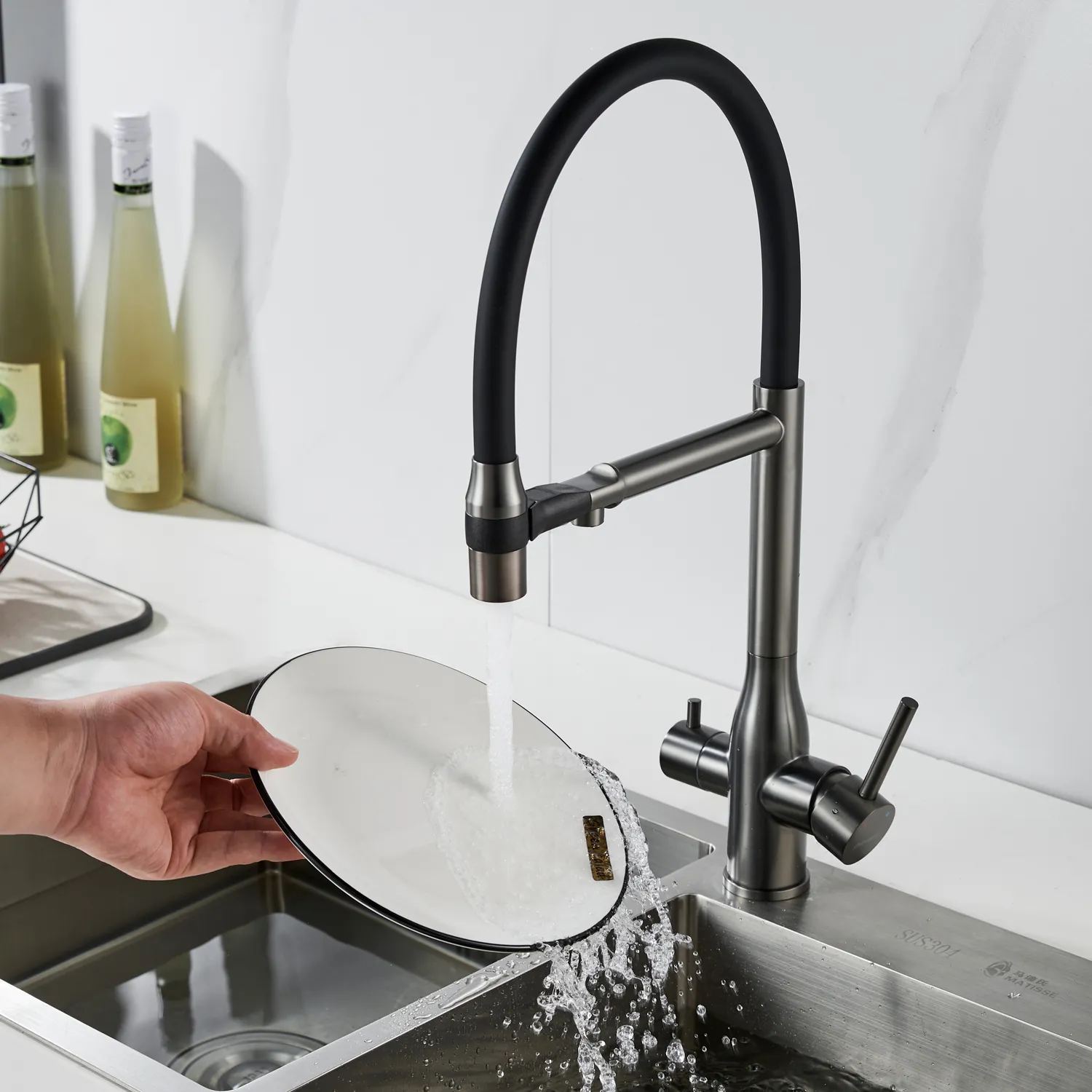 Смеситель для кухни с гибким изливом и подключением фильтра Shevanik S378T, оружейная сталь