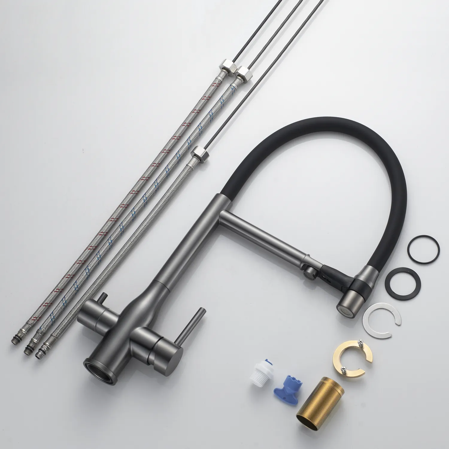 Смеситель для кухни с гибким изливом и подключением фильтра Shevanik S378T, оружейная сталь