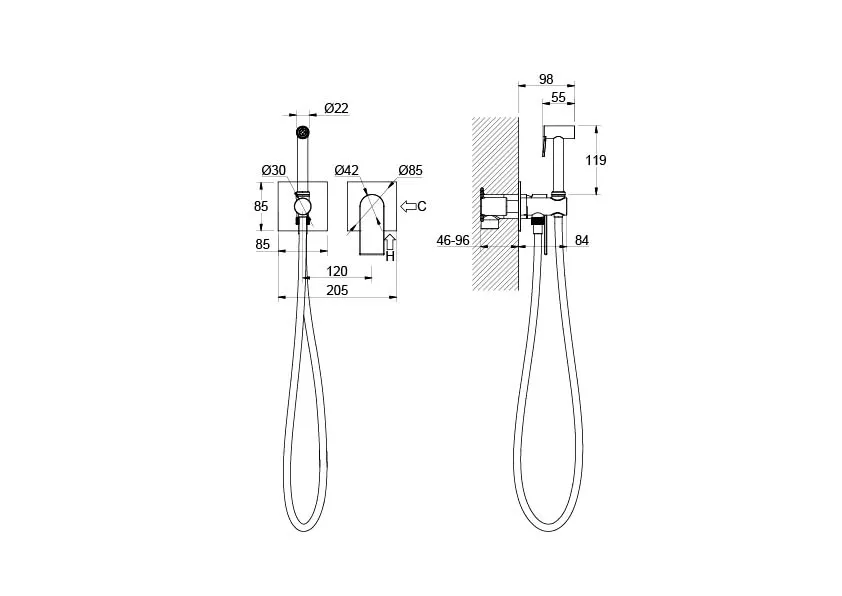Комплект для гигиенического душа встроенный 2 отв. (смеситель + гигиеническая лейка + шланг) AQUATEK ЛИРА, хром AQ1420CR