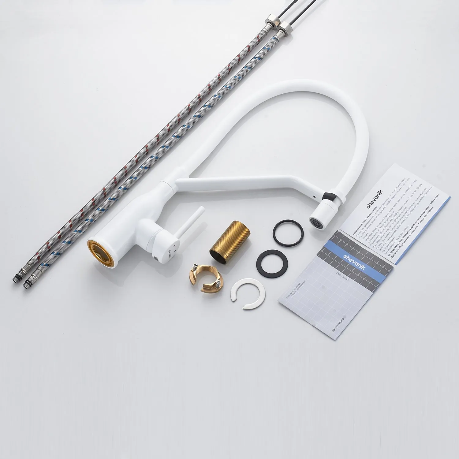 Смеситель для кухни с гибким изливом Shevanik S343C-1, белый