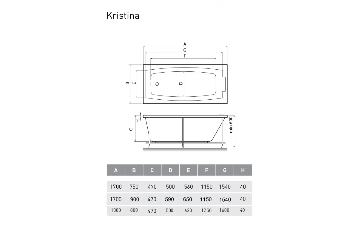 Ванна акриловая Relisan KRISTINA Гл000025600, 170x90