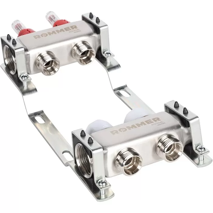 Коллектор Rommer 1"x3/4" на 2 контура с расходомерами (нерж. сталь) (RMS-1200-000002)