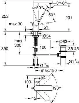 Смеситель для раковины Grohe Plus корпус высокий хром (23851003)
