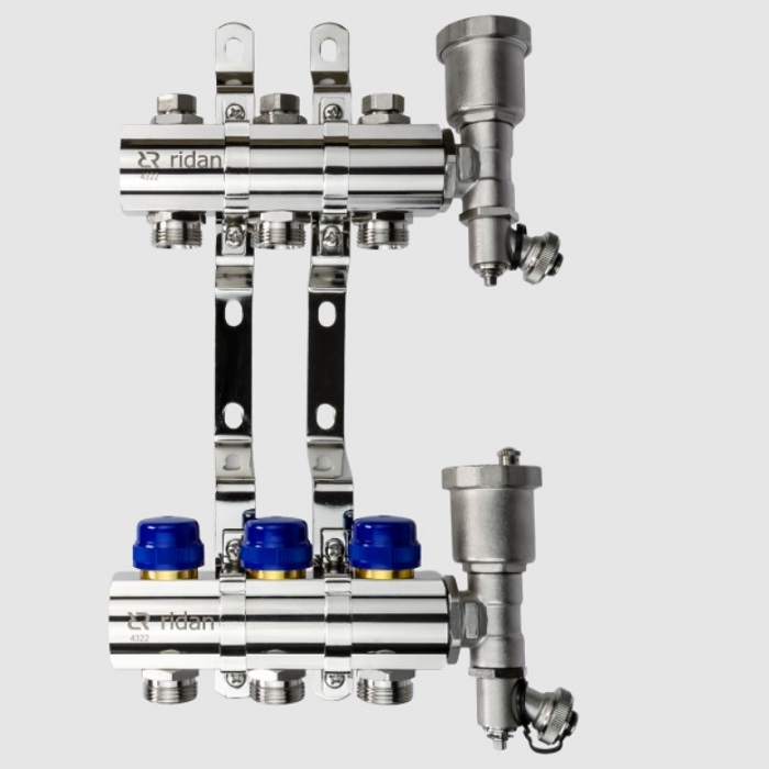 Комплект коллекторов Ридан FHF-9R 9 контуров: с кронштейнами и торцевыми секциями с автоматическими воздухоотводчиками
