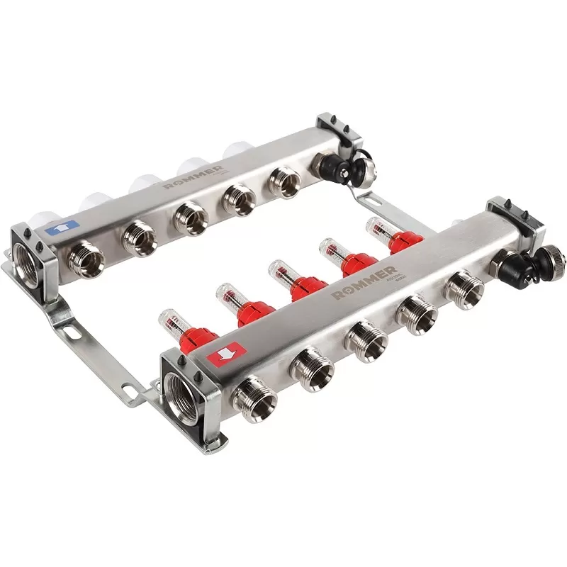 Коллектор Rommer 1"x3/4" на 5 контуров с расходомерами и запорными клапанами (RMS-1201-000005)