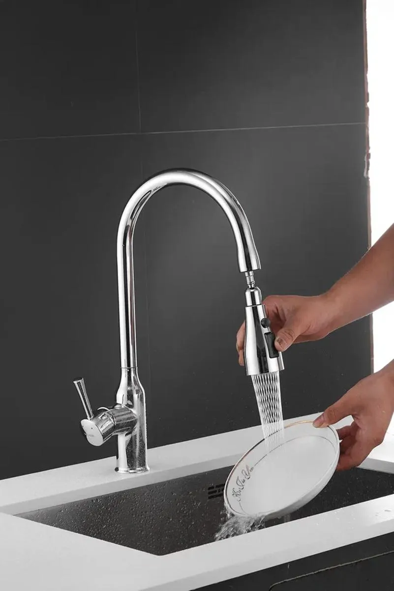 Смеситель для кухни с выдвижным изливом Shevanik S163, хром