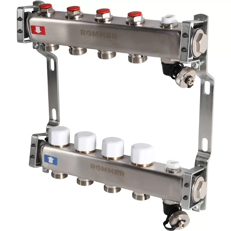 Коллектор Rommer 1"x3/4" на 4 контура с запорными клапанами (нерж. сталь) (RMS-3201-000004)