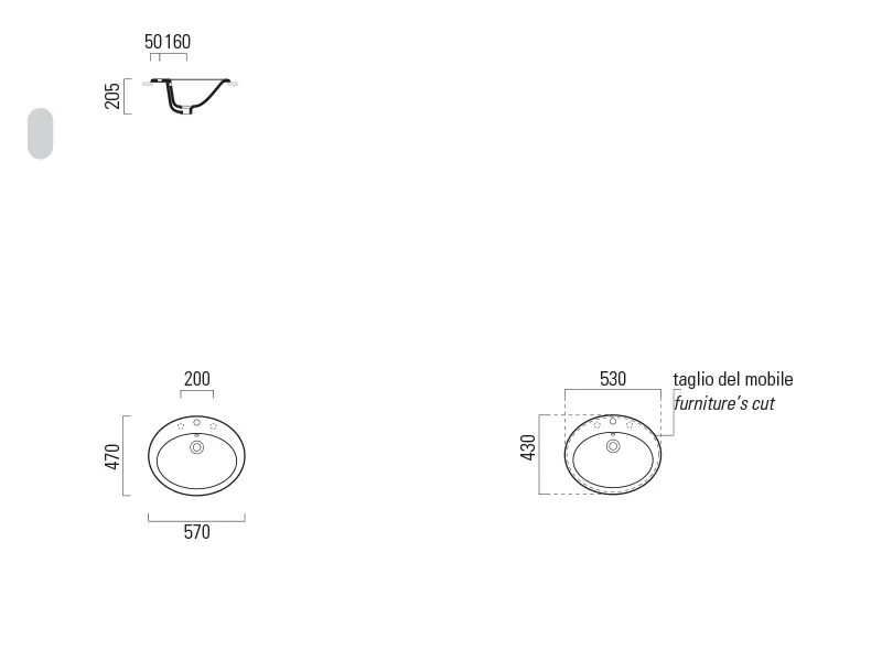 Раковина встраиваемая сверху GSI CITY 470 мм х 570 мм, с 1 отверстием под смеситель, с переливом, без крепежа, белая глянцевая (MALISEON111)