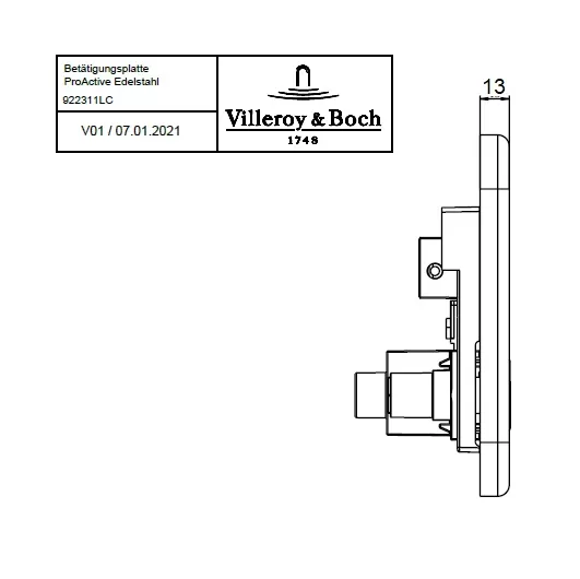 Смывная клавиша Villeroy & Boch ViConnect 200M, ProActive+ (922311LC) (нержавеющая сталь)