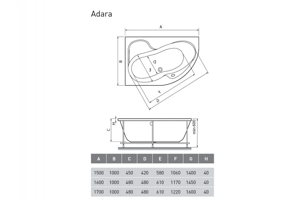 Ванна акриловая правосторонняя Relisan ADARA Гл000013732, 170x100