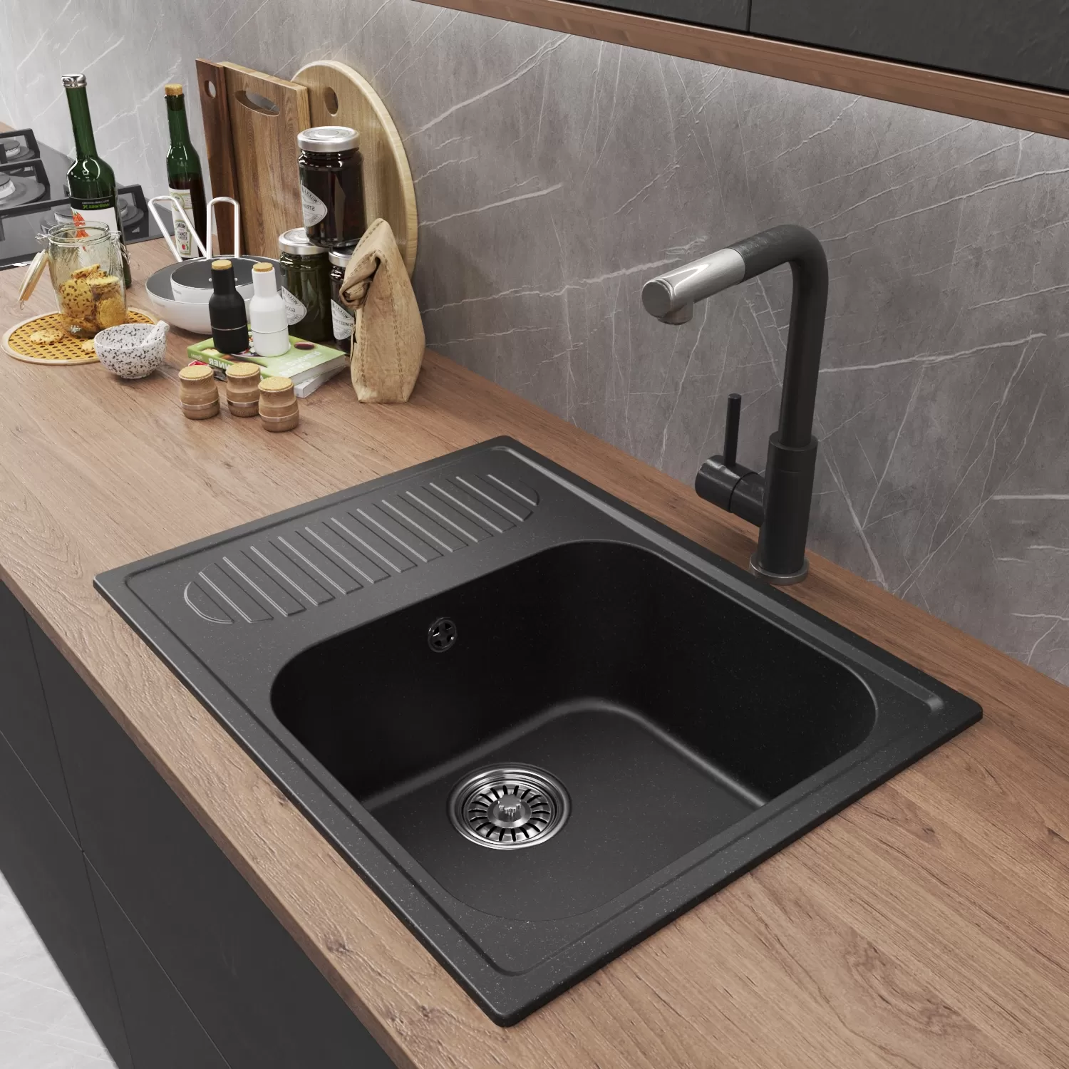Мойка MIXLINE ML-GM18 с крылом  черная (308) 640*490*190мм NEW (551970)