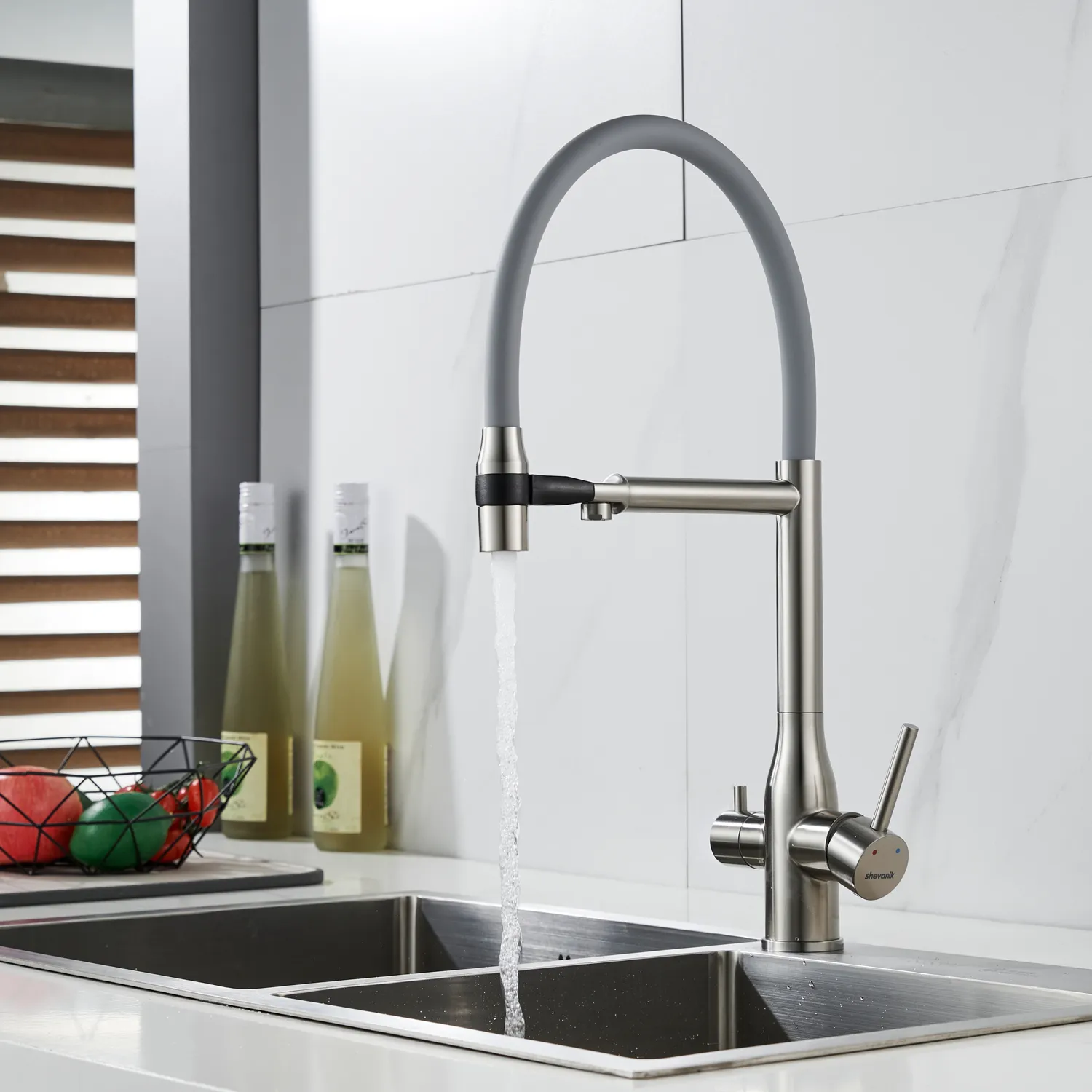 Смеситель для кухни с гибким изливом и подключением фильтра Shevanik S378L, сатин