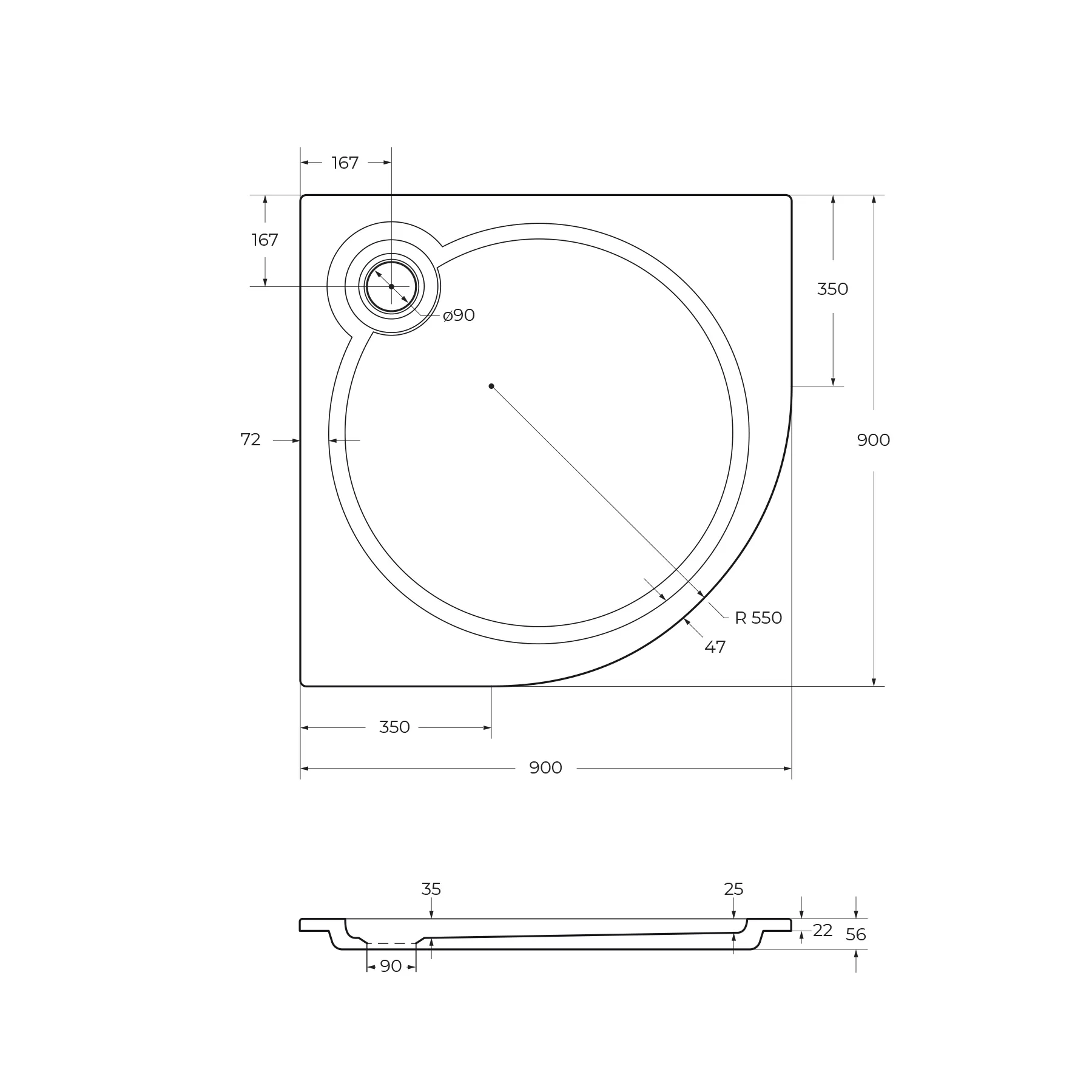 Поддон из искусственного мрамора Cezares 900х900 мм, белый (TRAY-S-R-90-550-56-W)