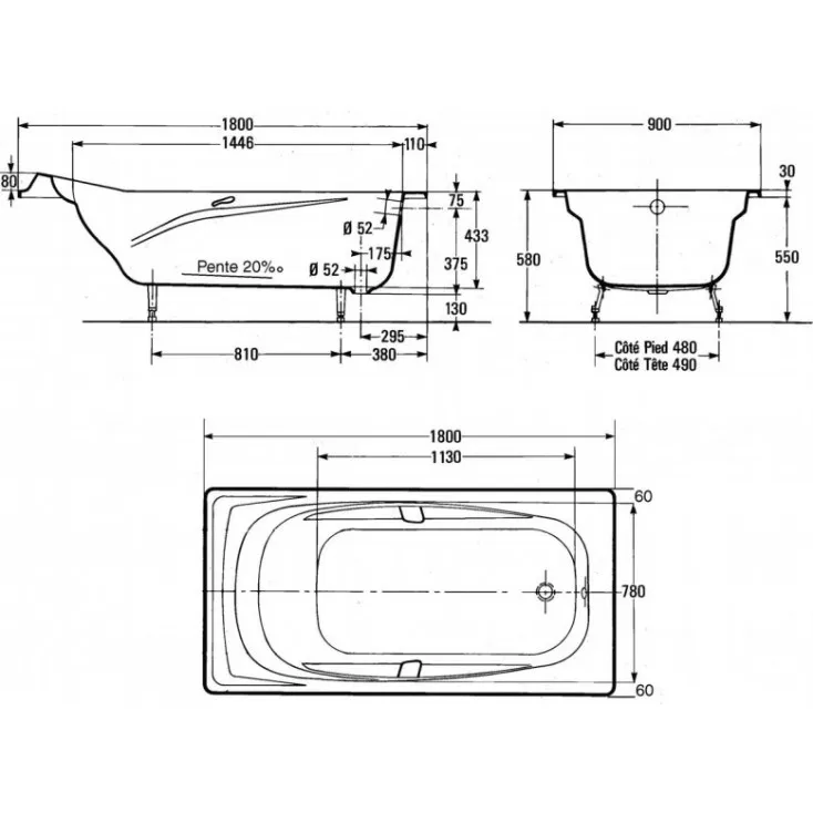 Ванна чугунная Jacob Delafon Super Repos (E2902) 180х90 с отверстиями для ручек