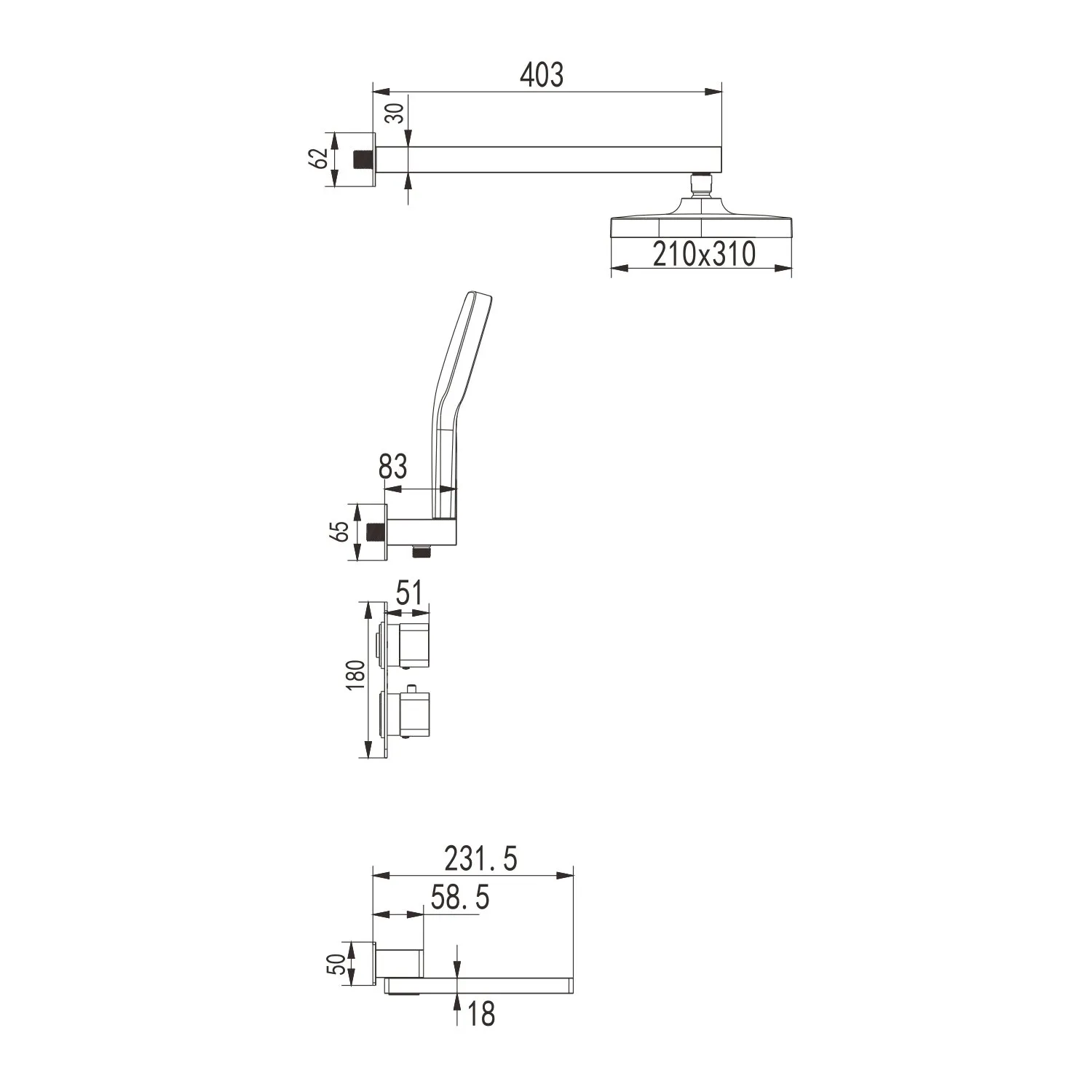 Душевая система с термостатом встраиваемая Rose R1595H, черный