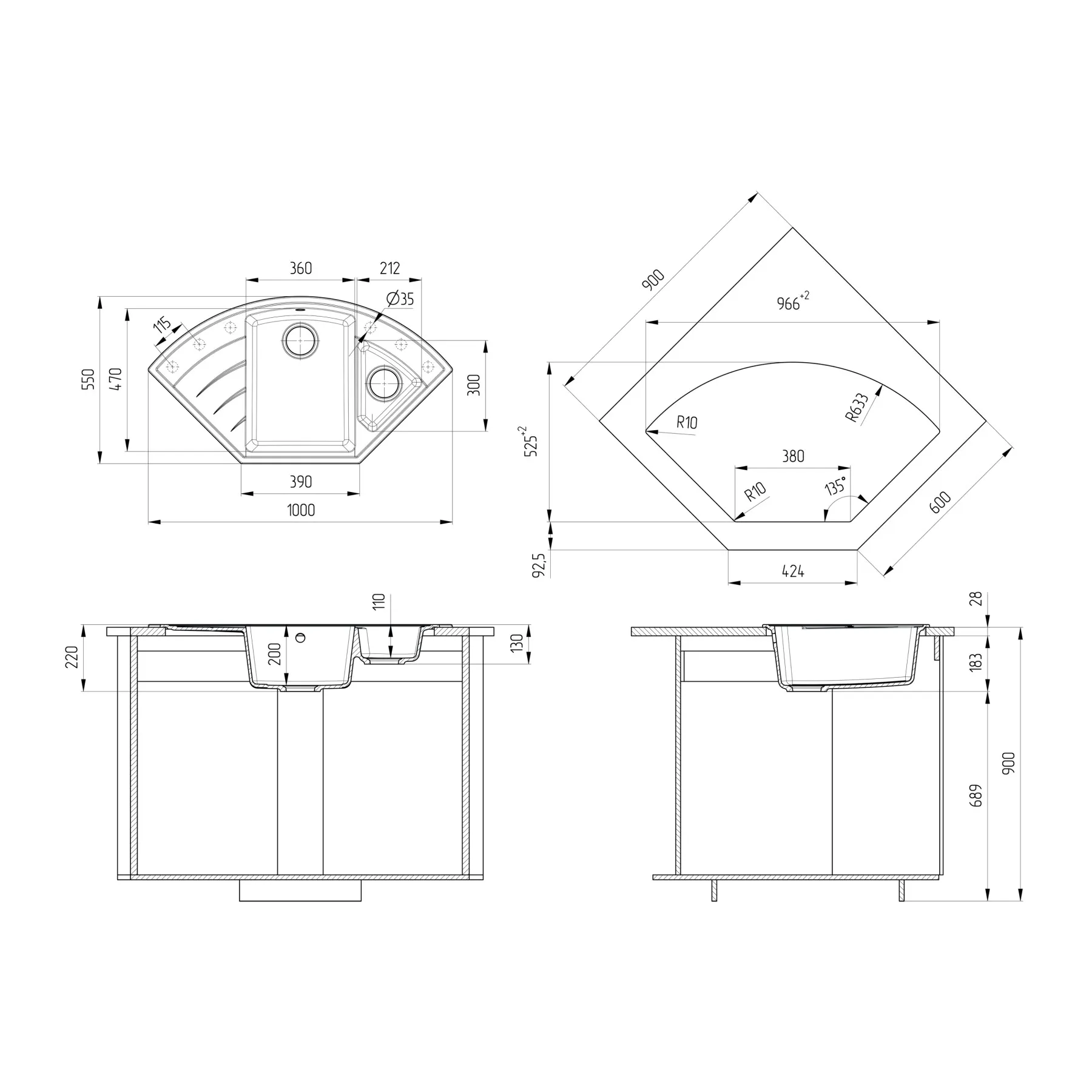 Кухонная мойка Ulgran Quartz Marta 1000-07, уголь