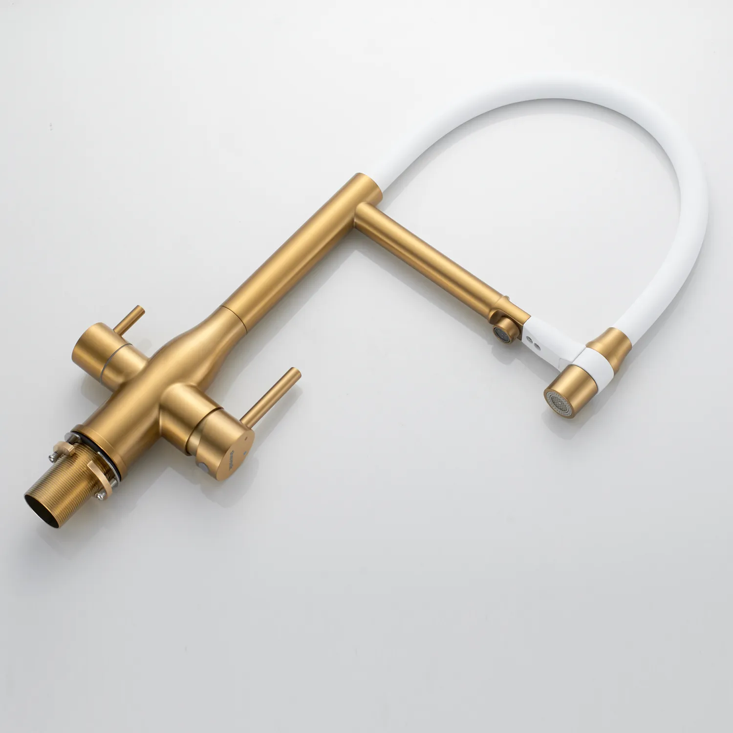 Смеситель для кухни с гибким изливом и подключением фильтра Shevanik S378G, золотой сатин/белый