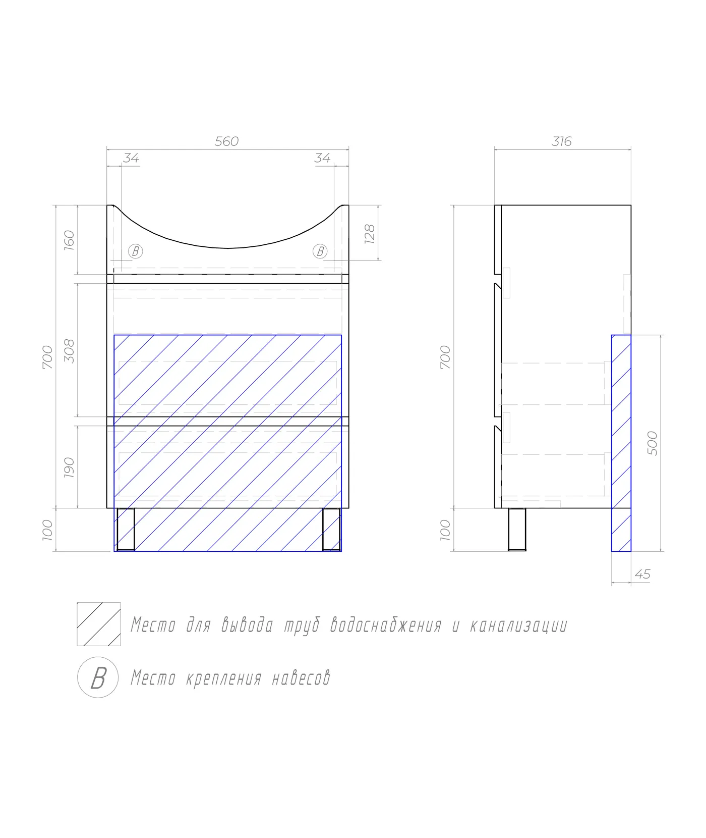 Тумба с раковиной напольная VIGO Wing tn.WIN.BAL.60.2Y белый, 60 см