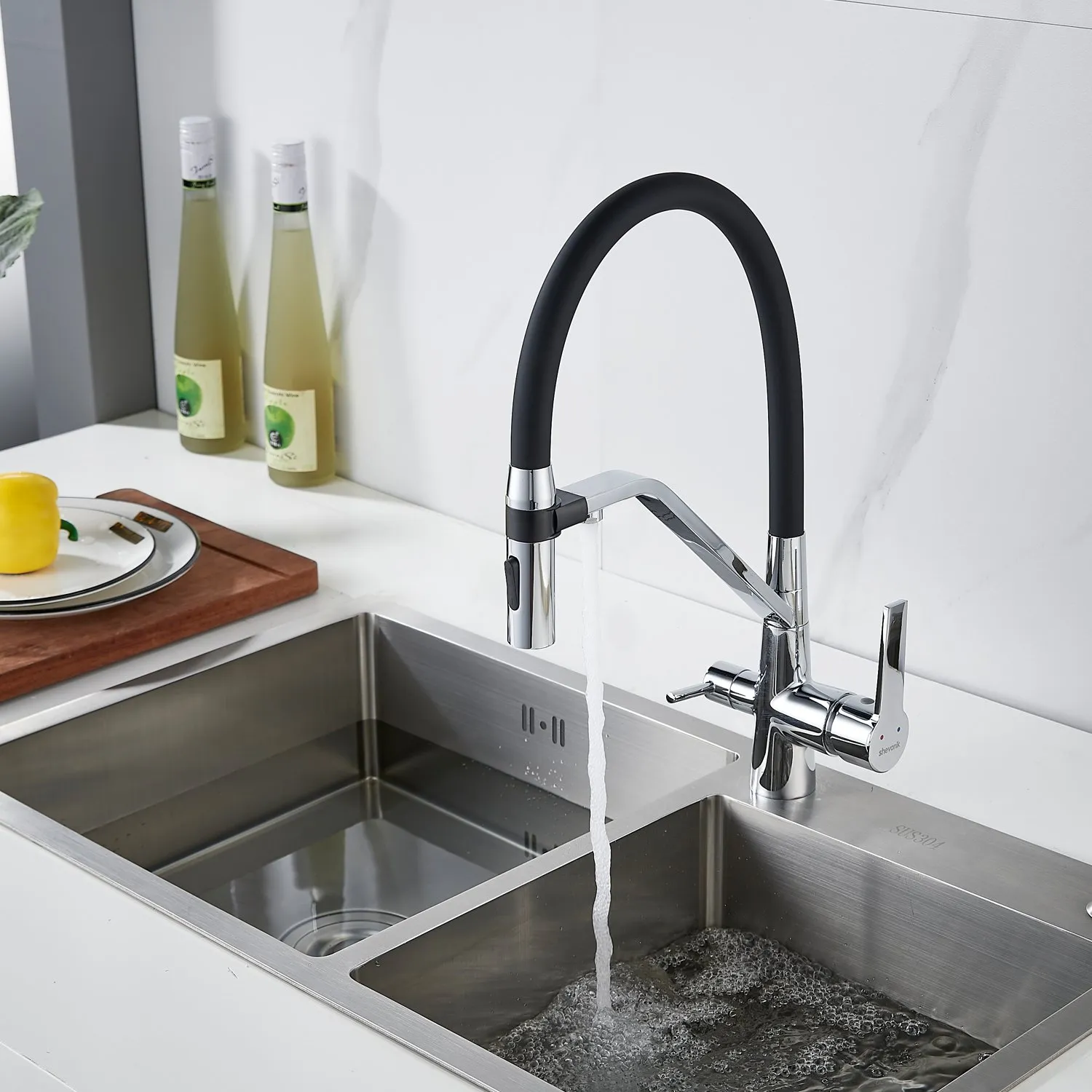 Смеситель для кухни с гибким изливом и подключением фильтра Shevanik S278, хром