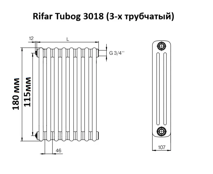 Стальной трубчатый радиатор Rifar Tubog 3018 B1, 32 секции белый, боковое подключение