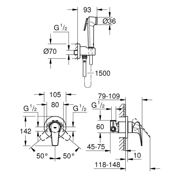 29328000 Grohe BauFlow Готовый комплект для гигиен душа: встраиваемый смеситель, гигиен душ со шлангом и держателем, хром