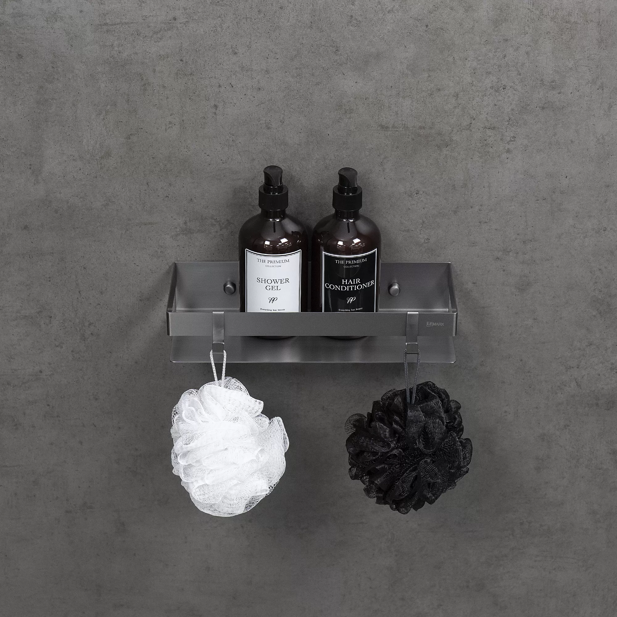 Полка для душа прямая Lemark SHELF LINE 300 мм из нерж. стали с крючками, графит (9776051)