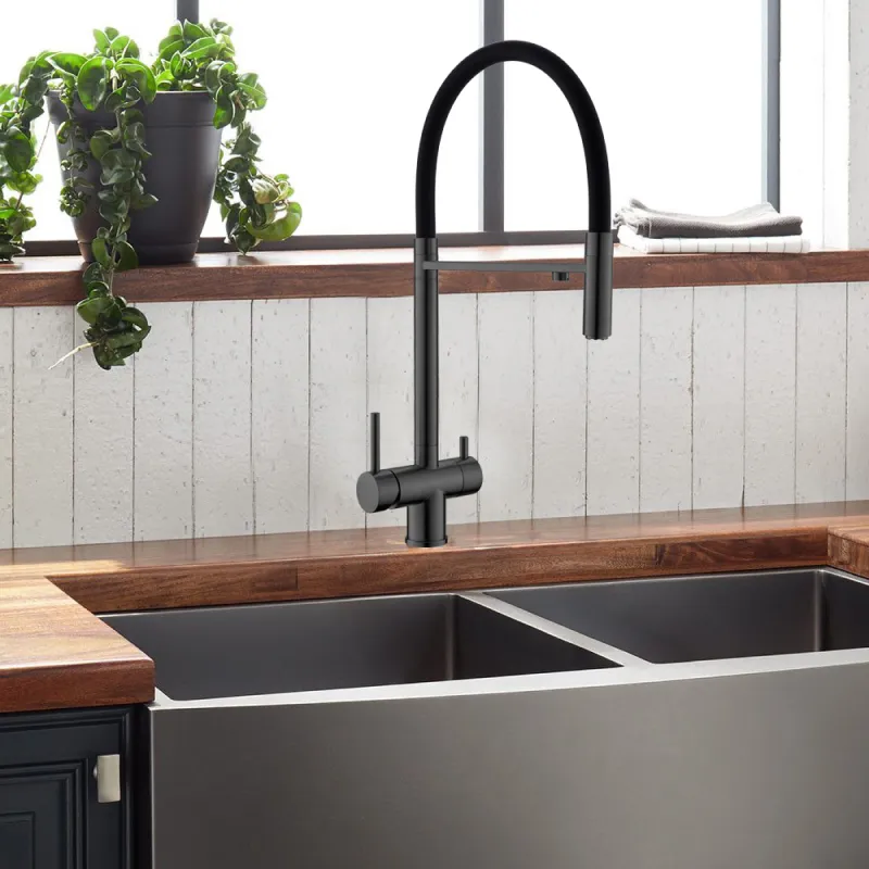 Смеситель для кухни с гибким изливом и подключением фильтра WesnaArt EKO05-160GunMetal, оружейная сталь