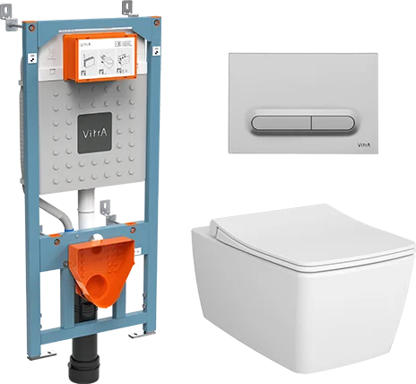 Комплект VITRA: Metropole унитаз подвесной безободковый с тонким сиденьем МЛ + инсталляция + панель смыва, матовый хром