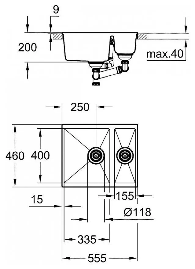 31648AP0 K500 Мойка с 2 чашами, 555 x 460 мм, черный гранит (5 шт.- пал.)