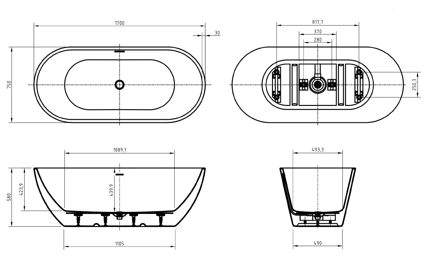 Акриловая ванна BelBagno 170x75, белый (BB701-1700-750-K) отдельностоящая