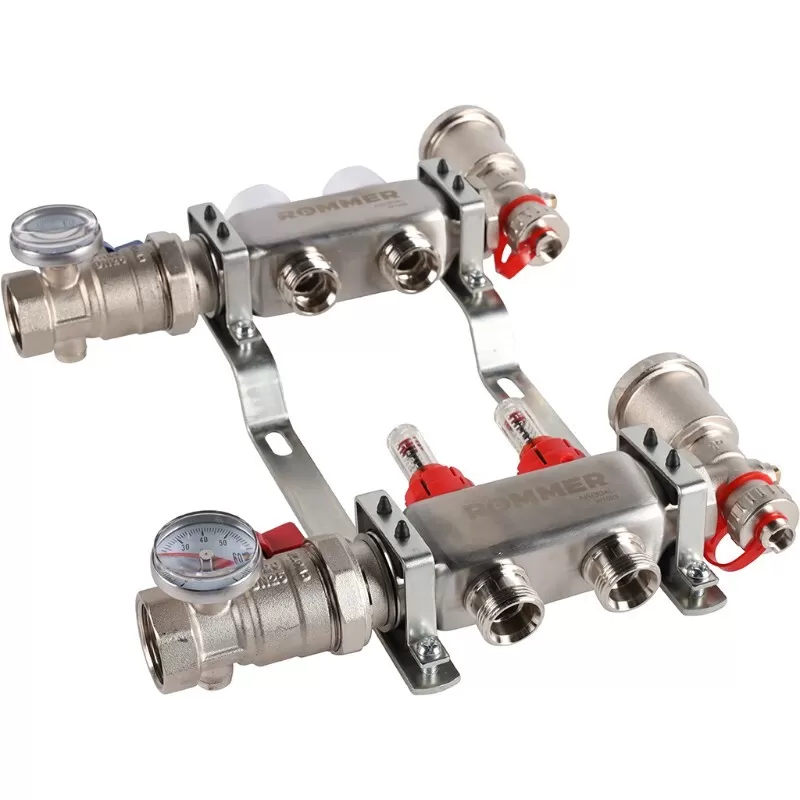 Коллектор Rommer 1"x3/4" на 2 контура с расходомерами в сборе (нерж. сталь) (RMS-1210-000002)