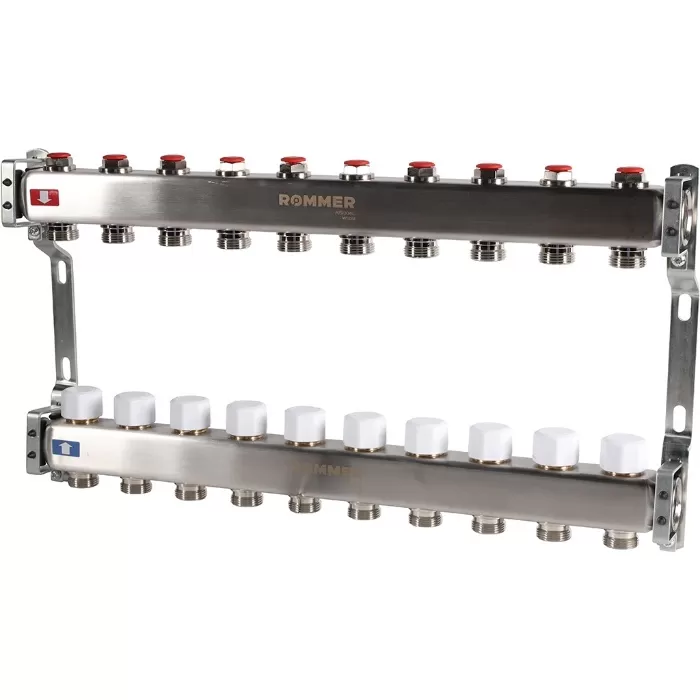 Коллектор Rommer 1"x3/4" на 10 контуров с запорными клапанами (нерж. сталь) (RMS-3200-000010)