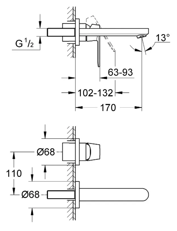 Смеситель для раковины GROHE Eurosmart Cosmopolitan настенный встраиваемый, хром (арт. 19381000)