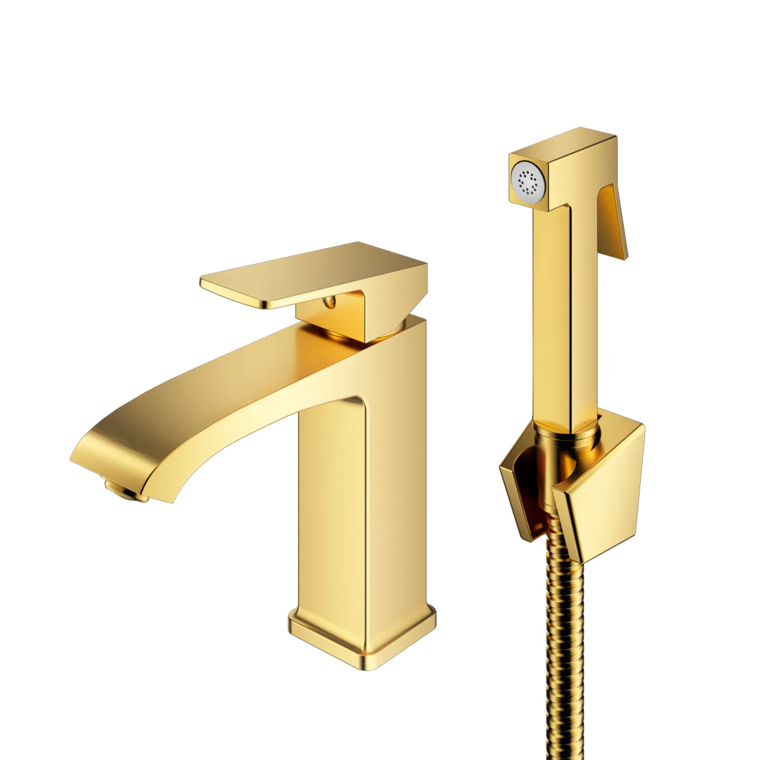 Смеситель Prohanss для раковины с гигиеническим душем монолитный, золотой сатин (P60.12.03)