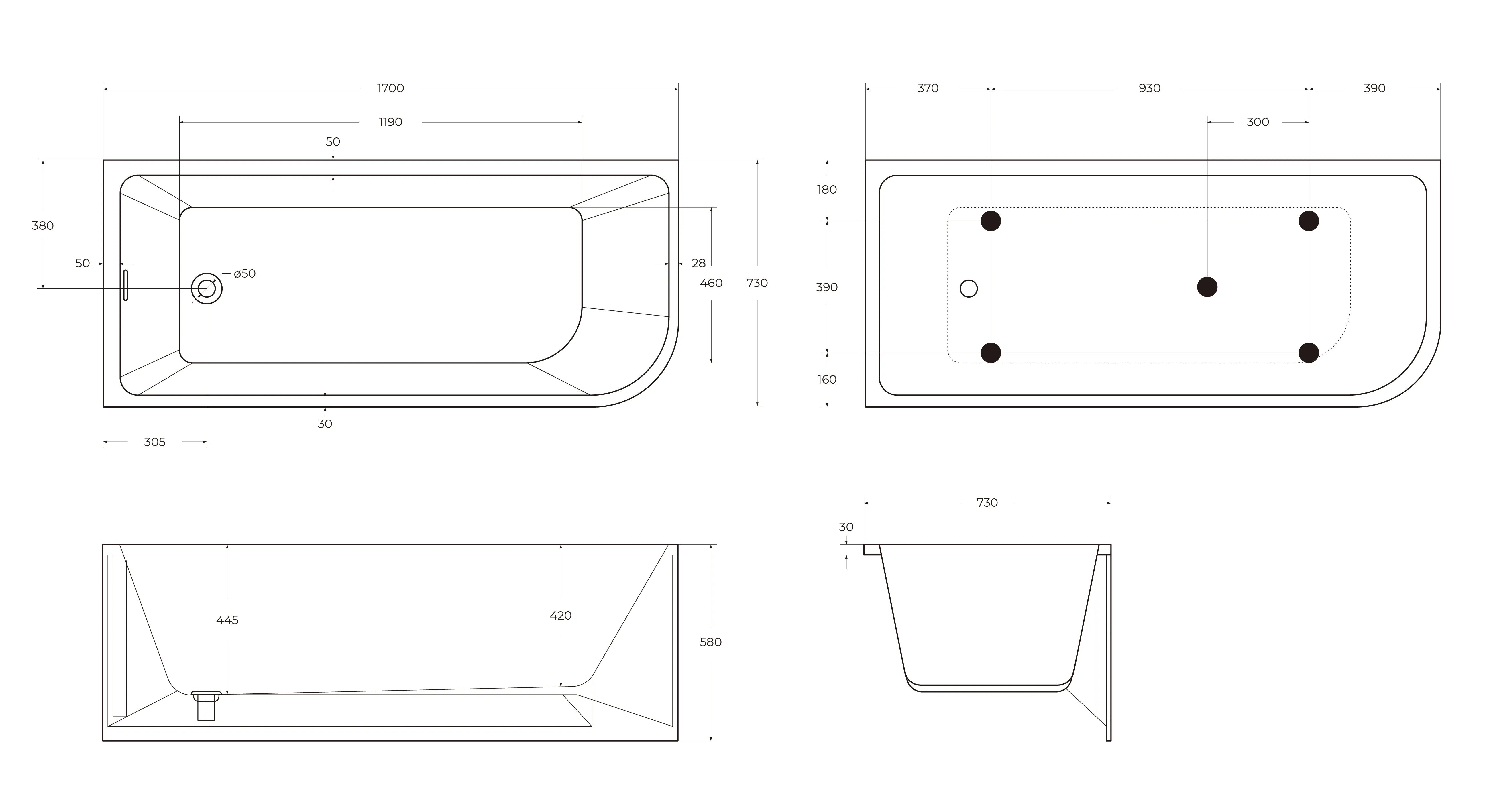 Акриловая ванна BelBagno 170x73, белый (BB712-1700-730-L) угловая