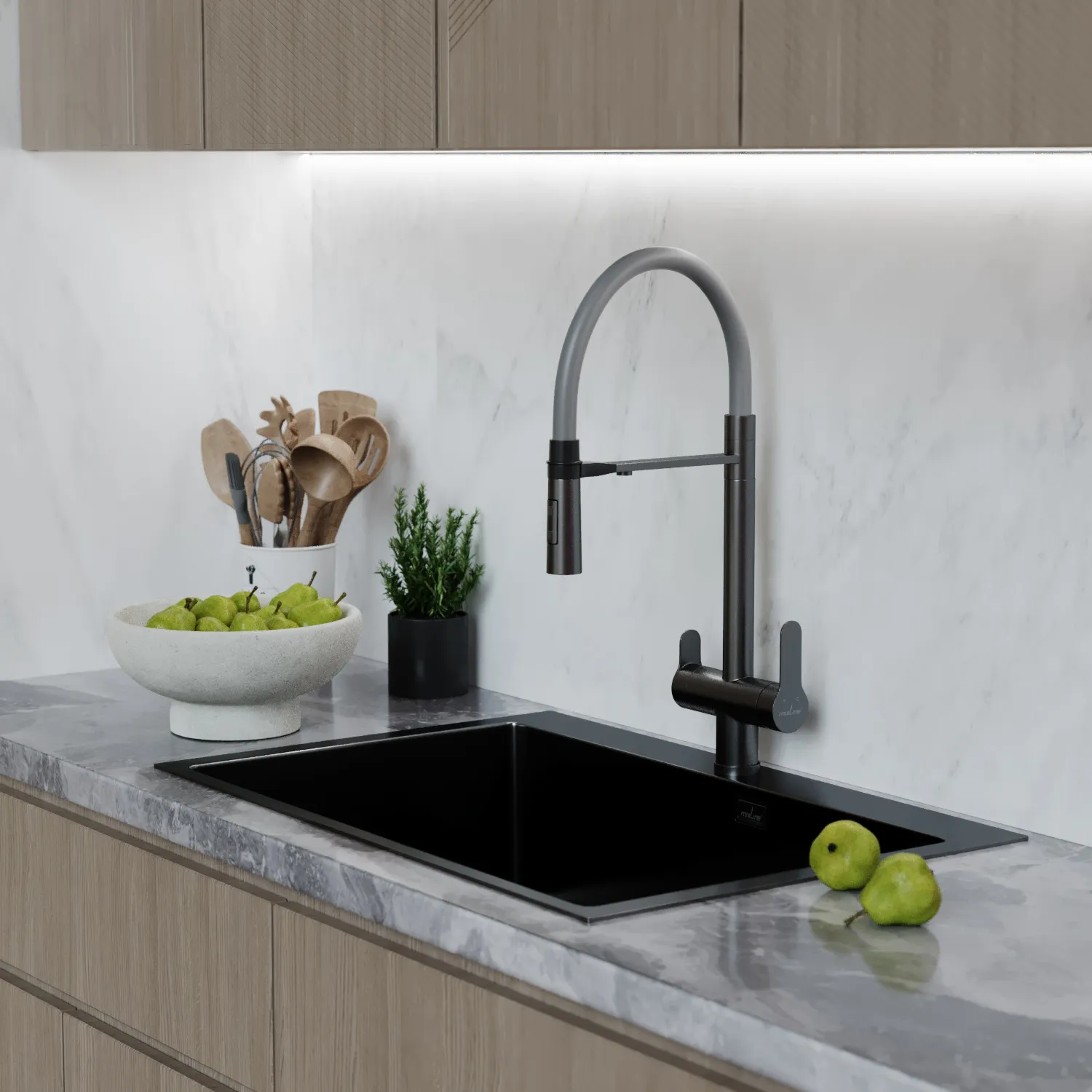 Смеситель для кухни 35k MIXLINE МЛНС-0401Г(MLSS-0401BL)сер.гиб.изл магнит,под.кфильтру,ЧЕРНЫЙ ГРАФИТ (556011)