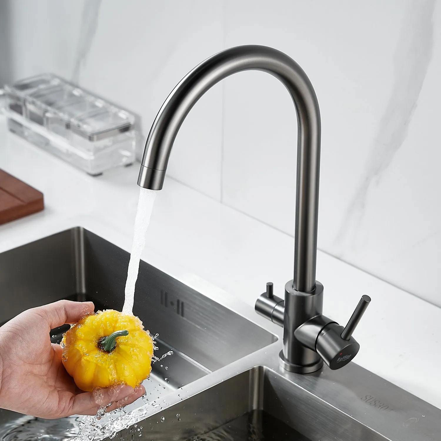 Смеситель для кухни с подключением фильтра воды Raffine F108T, оружейная сталь