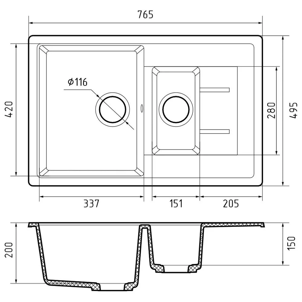 Кухонная мойка GranFest QUADRO 775KL, черный