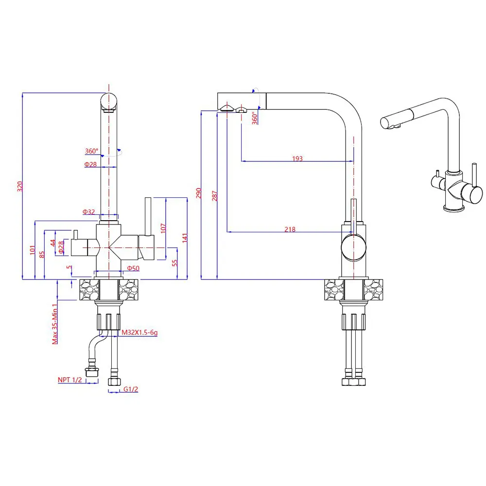 Смеситель для кухни с подключением фильтра GranFest 3611, графит