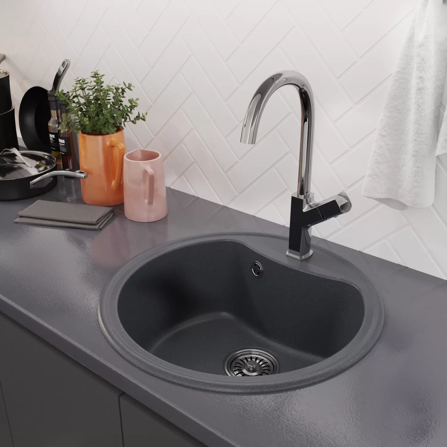 Мойкa MIXLINE ML-GM09 круглая  антрацит (343) 510 мм (глуб. чаши 190) NEW (551804)