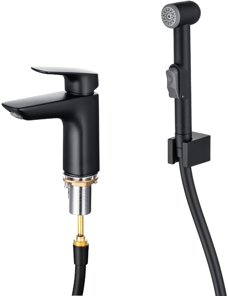 Смеситель для раковины AQ1012MB AQUATEK ВЕГА 97 с гигиеническим ручным душем, матовый черный
