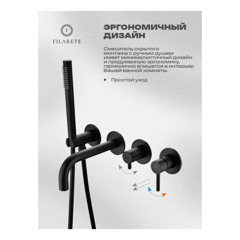 Смеситель для ванны встраиваемый FILARETE Roun FL2122BL, черный