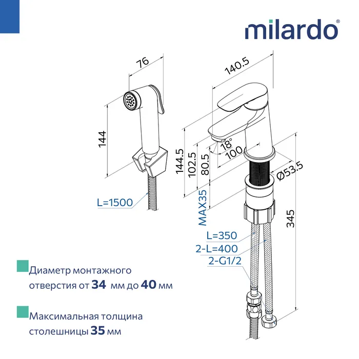 Смеситель для умывальника с гигиеническим душем Milardo Rora графит (RORGM01M08)