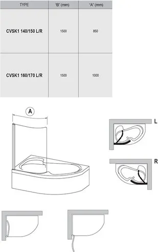CVSK1 ROSA 140/150 L блестящая+транспарент шторка на ванну