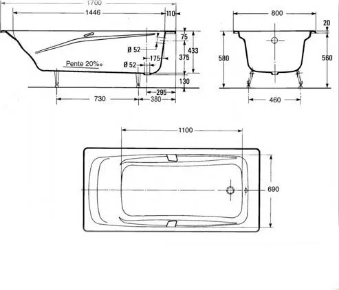 Ванна чугунная Jacob Delafon Repos (170x80 см) без отверстий для ручек, без антискользящего покрытия (E2918-S-00)