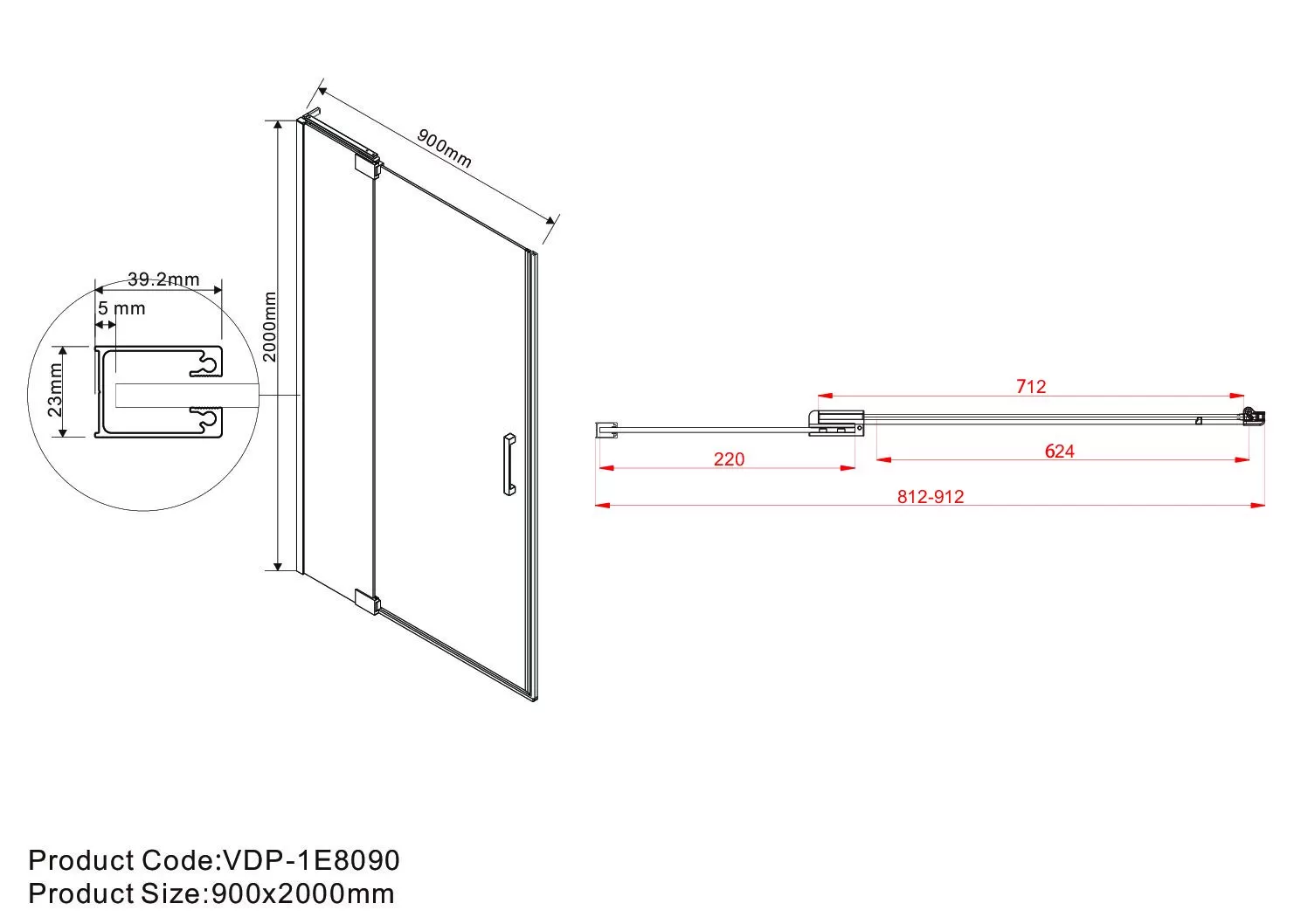 Душевая дверь Vincea Extra (VDP-1E8090CL) 800/900х2000 мм, хром, стекло прозрачное