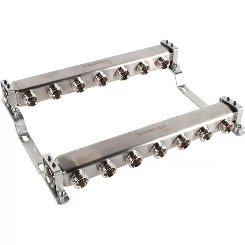 Коллектор Rommer 1"x3/4" на 7 контуров для радиаторной разводки (нерж. сталь) (RMS-4401-000007)