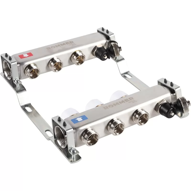 Коллектор Rommer 1"x3/4" на 3 контура с запорными клапанами (нерж. сталь) (RMS-3201-000003)