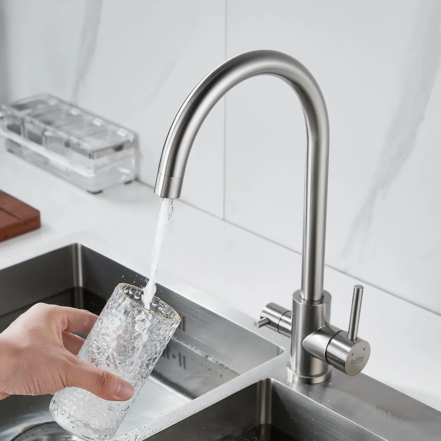 Смеситель для кухни с подключением фильтра воды Raffine F108L, сатин